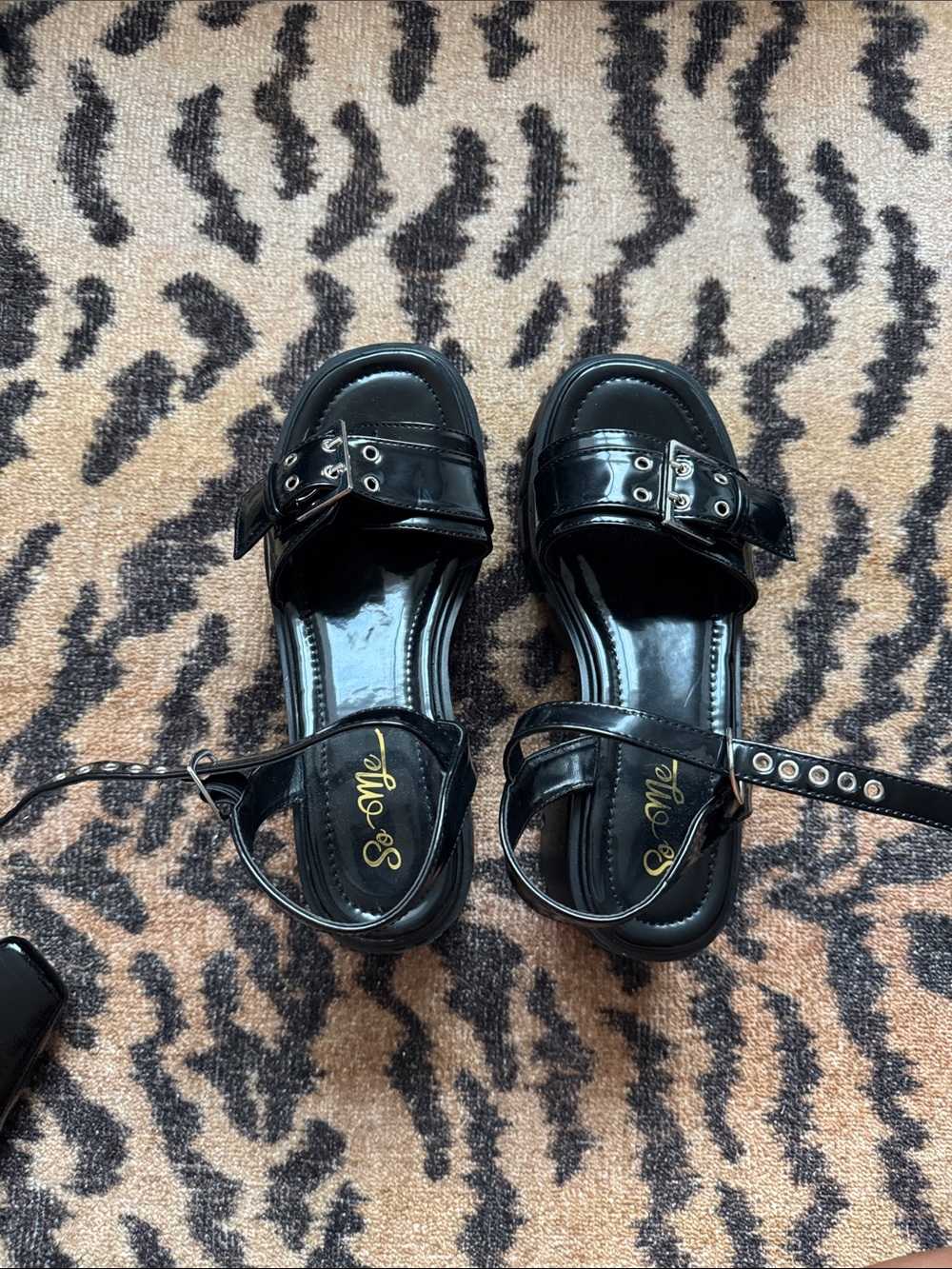 So Me Black Patent Girls' Buckle Ankle-Strap Sandals with Eyelet Detail
